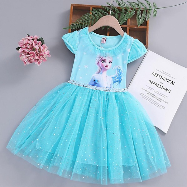 Børns Piger Frozen Elsa Anna Prinsesse Kjole Sommer Fest Kortærmet Tutu Tulle Kjoler-Perfet Lake Blue 7-8 Years