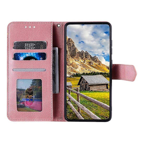 för Motorola Moto G15 4G Läderfodral Splitsning Sömmar Plånbok Ställ Telefonskal med Rem - Rose-Perfet Rose Gold