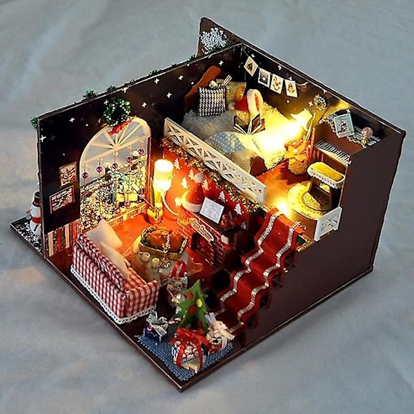 Juldockhus Dekoration, Jul Miniatyrdockhus Ornament, Miniatyr DIY Dockhus Kit, Trädockhus Kit Med, Dockhus Jul
