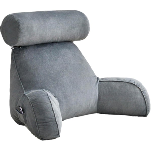 Reading Pillow, Backrest Pillow,back Rest Pillow for Sitting In Bed,large Adult Backrest with Arms,side Pockets, Detachable Neck Roll for Reading/watc Grey