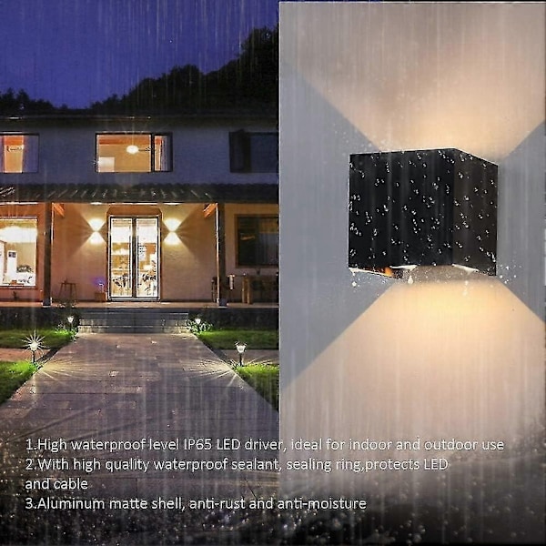 2-pak 12W LED væglampe, indendørs/udendørs væglampe, IP65, 1020lm, væglampe med justerbar strålevinkel, varm hvid, sort - Perfet