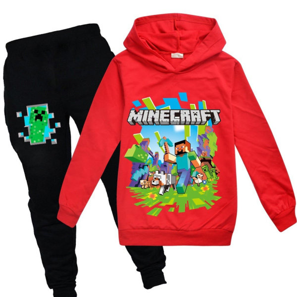 Børne Minecraft Træningsdragt Sæt Drenge Hættetrøje Sweatshirt Bukser Sæt Red 170cm