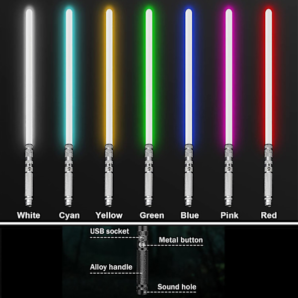 LjusSabel för Vuxna och Barn - Laser Svärd RGB 7 Färger Bytbara Ljudeffekter Laddningsbar Elektronisk LjusSabel för Halloween Cosplay Leksak - Perfekt Silver