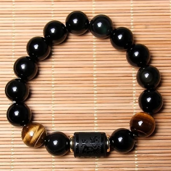 Obsidian armbånd Stone Bead Armbånd Tiger Eye Armbånd Herre 12mm Dragon and Phoenix Totem Armbånd - Perfet