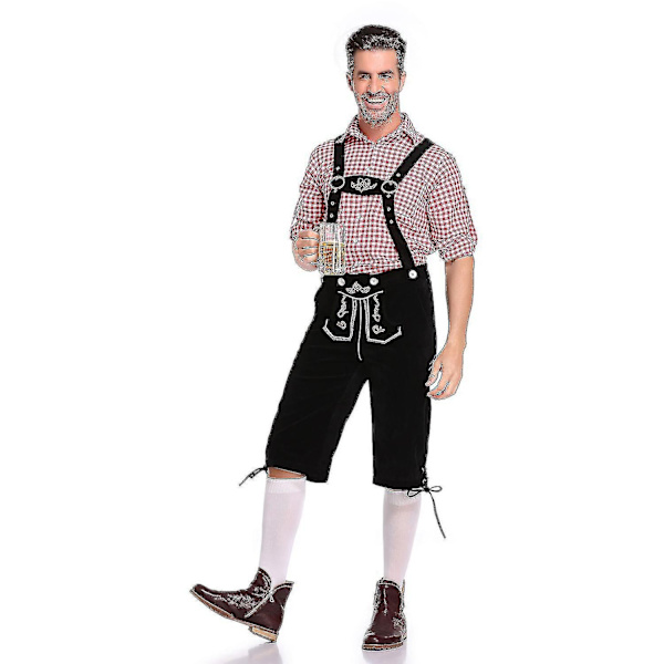 Traditionell Oktoberfestdräkt för män - Rutiga Skjorta, Broderade Byxor och Hatt - Perfekt red L