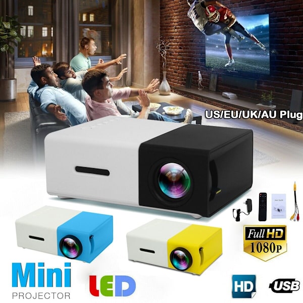 Miniprojektor HD 1080P 4K HDMI video liten projektor for hjemmet - Perfet yellow & white EU Plug