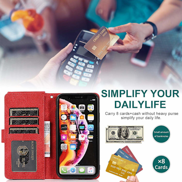 Kompatibel med iPhone Xr Cover, 8 Kort Slots Retro Læder Wallet Stødsikkert Flip Kickstand Cover med Lynlåslomme-Perfet Red