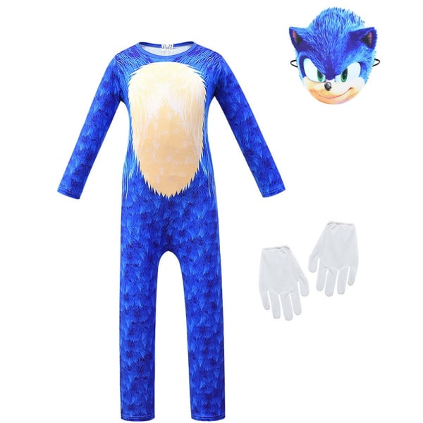 Sonic The Hedgehog Cosplay Halloween -vaatteet lapsille, pojille, tytöille - täydelliset Jumpsuit + Mask + Handskar 8-9 år = EU 128-134