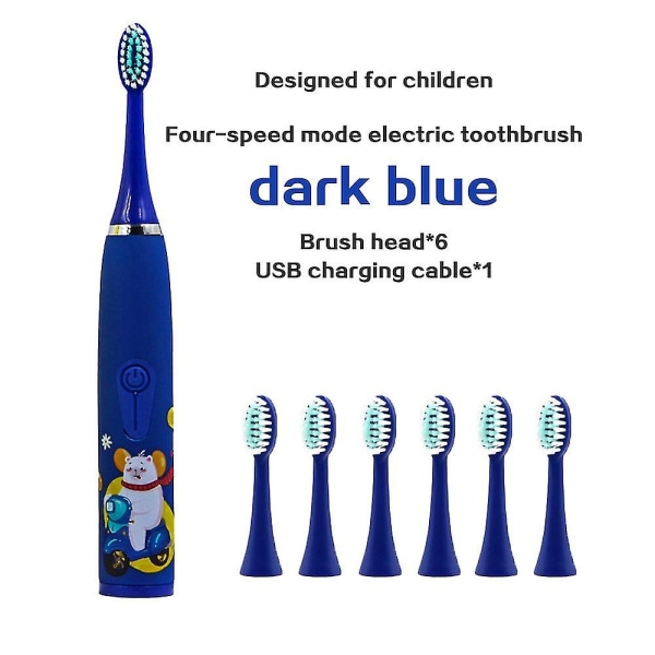Lasten Sonic sähköhammasharja Suunhoito Hampaiden puhdistus USB -lataus 6 varapäällä - Perfet Dark Blue