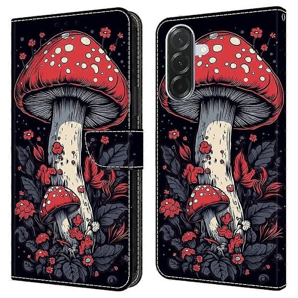 Kompatibelt med Samsung Galaxy A56 5G Läderfodral Mönstertryck Plånboksställ Flip Telefonfodral - Perfet Red Mushroom
