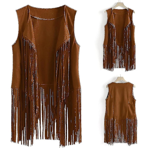 70'er Toppe Kompatibel Kvinder Cowgirl Skjorte Disco Fringe Vest Jakke-Perfet Khaki XL