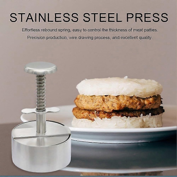Justerbar Burgerpresse Hamburger Patty Maker med Fjærknapp, Rustfritt Stål Non-Stick Fylt Hamburgerpresse Maker-Perfekt 8cm