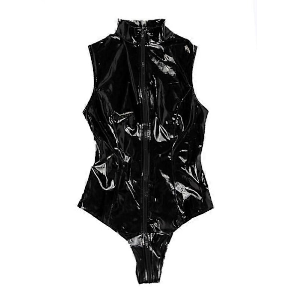 Kvinder Sexet Latex Wet Look Front Zip Vinyl Bodysuit Teddy Pvc Catsuit Natklubtøj - Perfet Black XXL