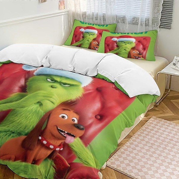 Grinch Sengesæt Dynebetræk Komfortabelt og Let Tegneserie Sengetøj 3 Dele Sengesæt Twin (1 Dynebetræk og 2 Pudebetræk-Perfekt 135x200cm 53x78in