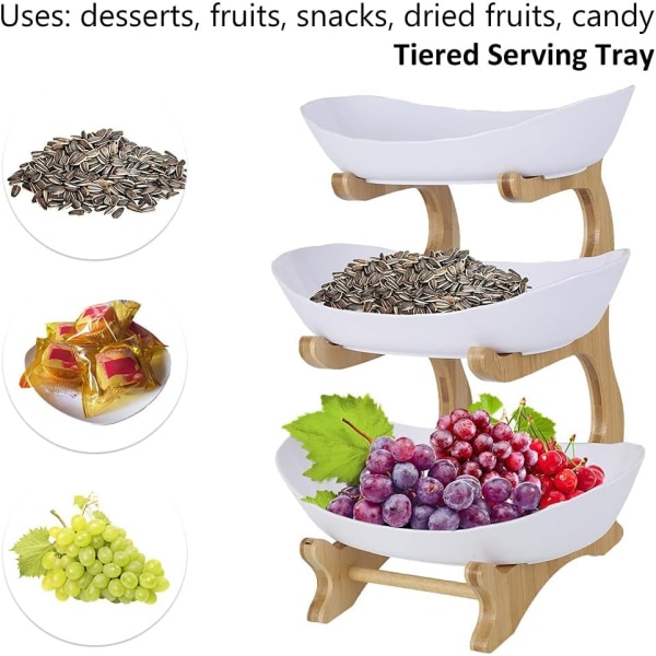 Kolmikerroksinen hedelmäkori, kolmikerroksinen keraaminen hedelmähylly, luonnonbambu hedelmähylly, kakku, karkkia 35 * 15cm (valkoinen) - Perfet