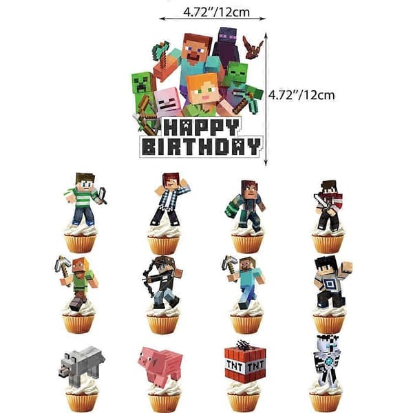Minecraft Tema Børnefødselsdagsfest Tilbehørssæt Ballon Banner Cupcake Kage Dekorationssæt - WELLNGS