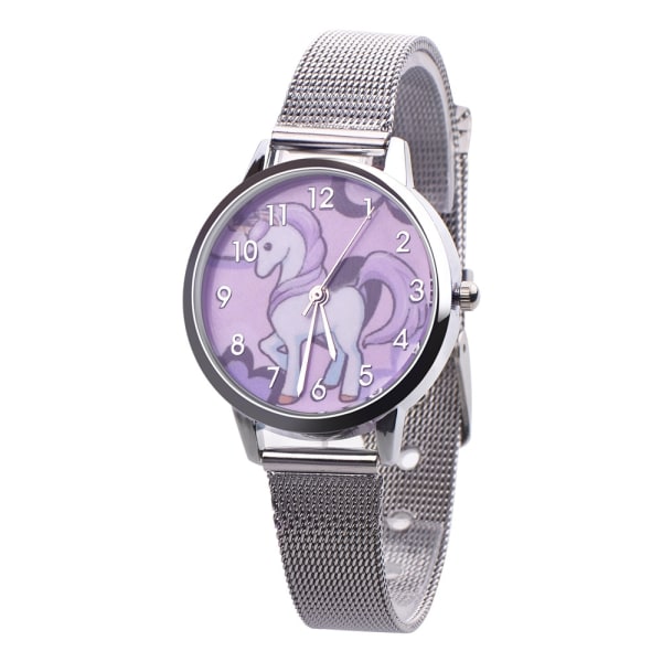 Unicorn Watch Barneklokke Rainbow Animal Barn Jenter Lærreim Analog Legering Kvarts Klokker Armbåndsur Silver