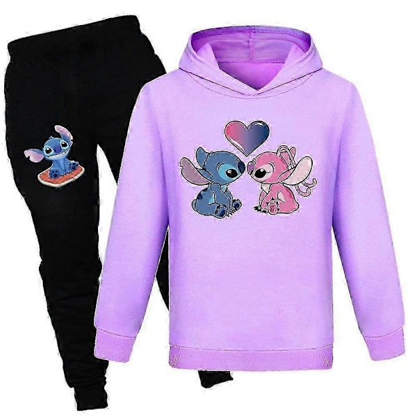 Tegneserie Stitch Trykt Sportswear Sæt 7-14 År Gamle Piger Trøje Hættetrøjer Hættetrøje Toppe Joggingbukser Sæt - Perfekt Purple 7-8 Years