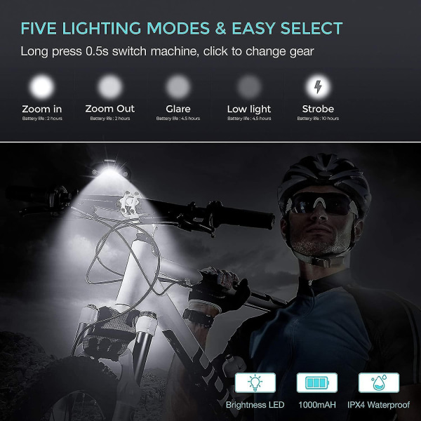 1000 Lumens USB Genopladeligt Sæt, 3 LED Cykel Forlygte Super Bright Forlygte Ipx5 Vandtæt Cykel Sikkerheds Lommelygte 360 ​​- Perfet