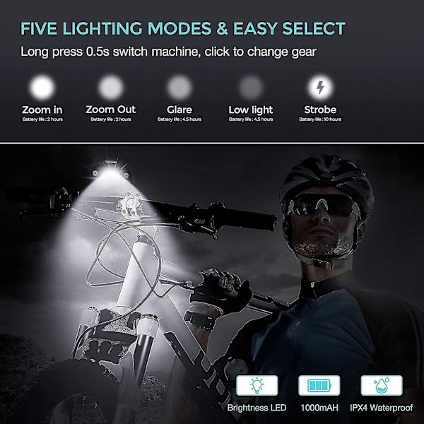 1000 Lumens USB Genopladeligt Sæt, 3 LED Cykel Forlygte Super Bright Forlygte Ipx5 Vandtæt Cykel Sikkerheds Lommelygte 360 ​​- Perfet