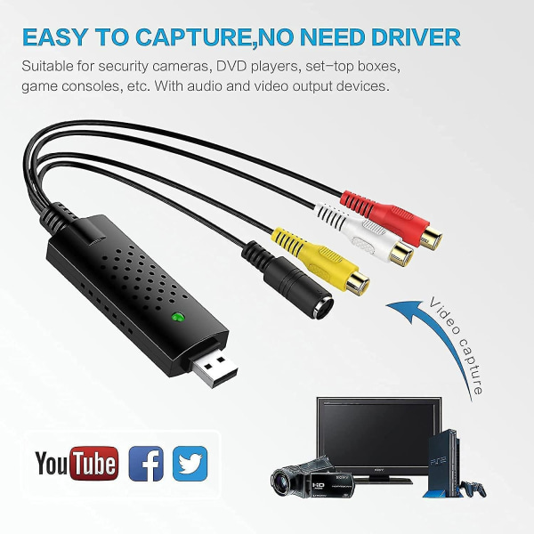 USB 2.0 Audio/Video Converter - Video Capture Card digitaliserer video fra enhver analog kilde, inklusive VCR, VHS, DVD - Perfet