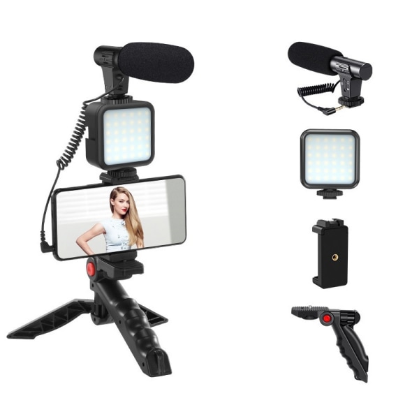 Smartphone Vlogging Video Kit med stativ Mikrofon LED-ljus Telefon Stand-Perfet