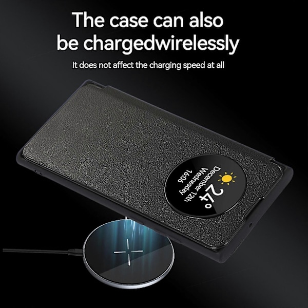 Etui til Samsung Galaxy S24, Smart Sleep/Wake Up Funksjon Visningsvindu Premium Lær Flip Cover med Kortspor, Støtte Wireless Charging-Perfet black S24