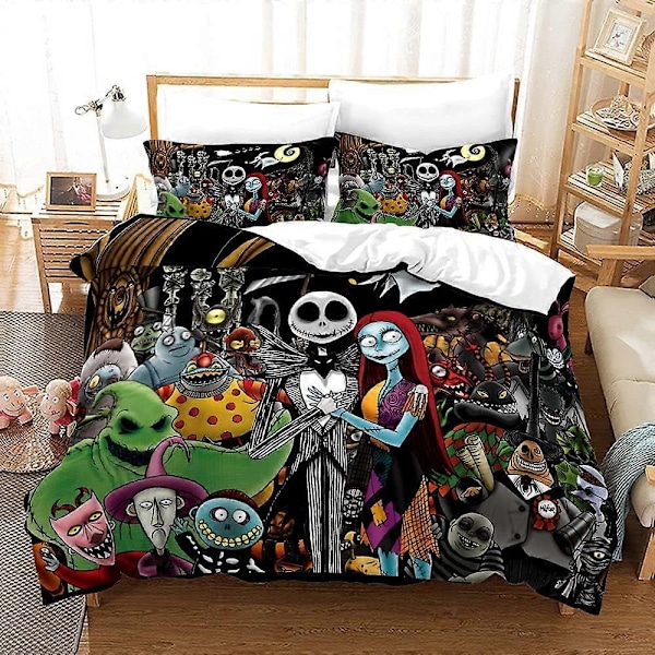 i292 Nightmare Before Christmas Täcke Set, Jack och Sally Alla Hjärtans Dag Ros Dekor, Mikrofiber Sängkläder Set med Kuddfodral 3 st 135x200cm 53x78in