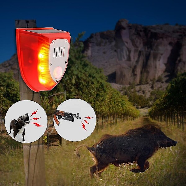Solcellelampe med bevegelsessensor og lydalarm, hundebjeffelyd og strobelys, sikkerhetsalarm for hage, gård og hus - Perfet