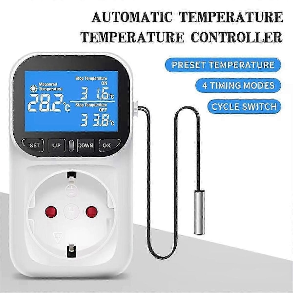 Digital Temperaturkontroller Stikkontakt Termostat med Tidsensor Probe Varme Kjøle Bryter 16A EU Plugg-Perfet