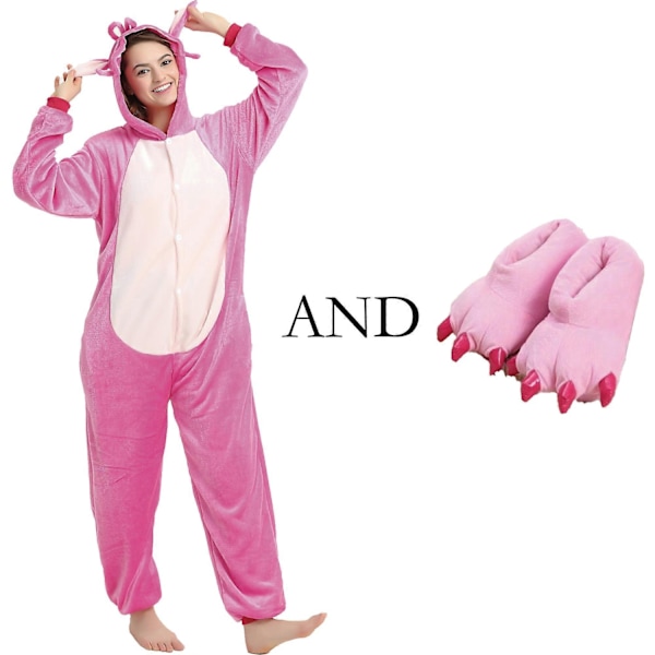 Stich Onesie Pyjamas för Vuxna Anime Stitch Angel Söt Kostym Jumpsuit Onesies Hooded Sovkläder Halloween Cosplay för Män Kvinnor-Perfet PinkOnesie andShoes S suits 142-150cm