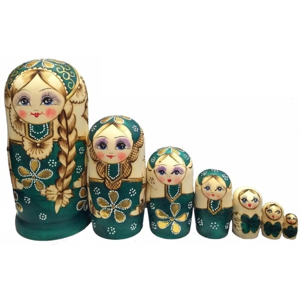 7 stk Sød grøn sweater fletning pige russiske Nesting Dolls Matryoshka legetøj- Perfet