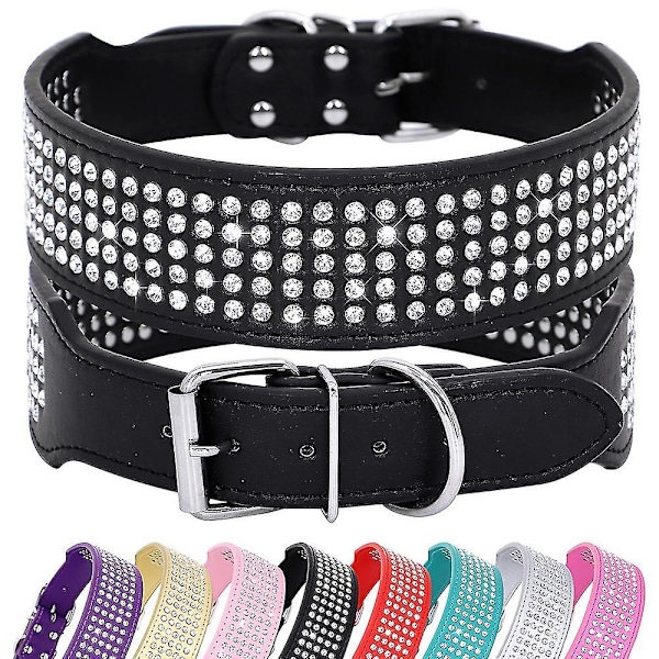 5-Raders Hundesett med Strass i PU-Lær, Diamant Bling for Store Hunder 2,0\" Bred - Perfekt Black S Neck 33-41cm