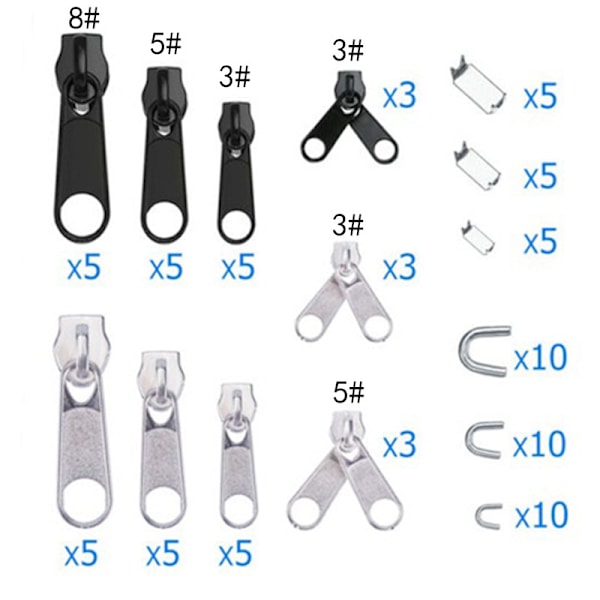 Set, 85 delar blixtlås reparationssats, 3 mm, 5 mm, 8 mm metall blixtlås - Perfet