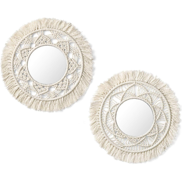 Set med 2 hängande väggspeglar med makrame rund dekorativ spegel väggdekoration liten boho stil för lägenhet sovrum vardagsrum - Perfet