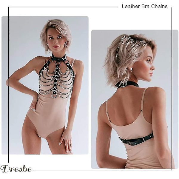 Body Chain Sort læder BH Cage Sikkerhedssele Krave BH Chain - Perfet