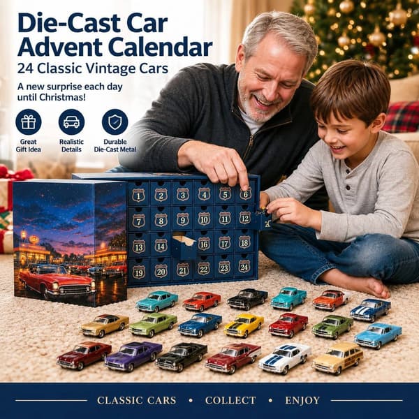 Julekalender med 24 trykstøbte modelbiler, klassisk retro modelbil-samlerobjekt, julegaveæske.