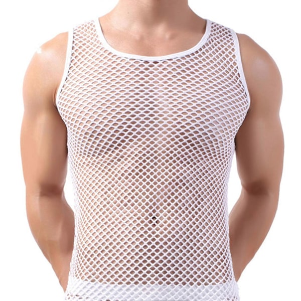 Fianao Mænds Underbukser Mesh Gennemsigtig Pyjamas Fiskegarn Solid Farve Vest Søvn Perfekt White S