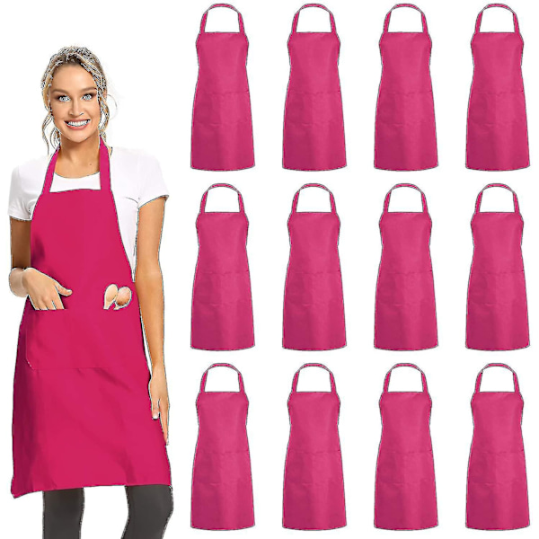 12 Pack Pink Unisex Commercial Bib Aprons with 2 Pockets - Bulk for Kitchen Cooking-Perfet 0 0