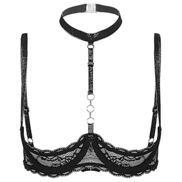 Dam 1/4-kupa bygel-bh halterneck O-ring transparent spets push-up bh underkläder öppen byst bh underkläder-Perfet Black B S