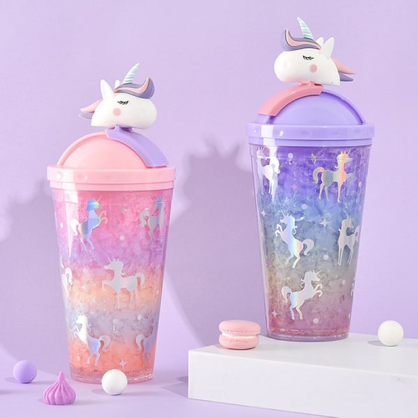 Unicorn Ice Cup Vannflaske Gradient Girl Heart e Straw Cup - Perfet Pink