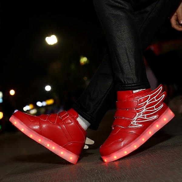LED Lysende Hi-top Sko med Vinge USB Genopladelige Blinkende Sneakers til Småbørn Børn Drenge Piger - Perfekt Black 31