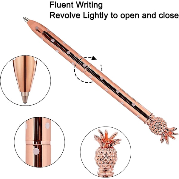 4 st ananas kulspetspennor i metall, roséguld, 1,0 mm, svart bläck - perfekt för skola och kontor