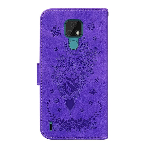 Kompatibel med Motorola Moto E7 Sommerfugl Rose Preget Lær Telefonveske-Perfet Purple