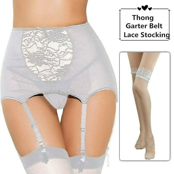 Sexiga underkläder i spets för damer, hög midja, strumpebandshållare, set med strumpor i stora storlekar - Perfet White With Stockings XL