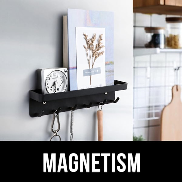 Magnetisk nyckelhållare för vägg: självhäftande nyckelhållare med liten hylla och 6 metallkrokar - väggmonterad organizer med hängare-Perfet
