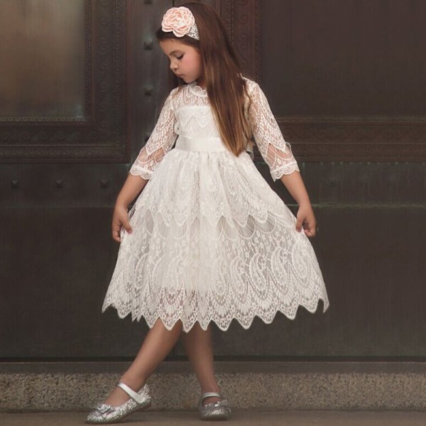 prinsessklänning i spets _ födelsedagsfest temperament flickklänning _ S - Perfet white 140cm