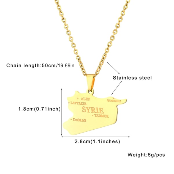 rostfritt stål Syrien Kontur Hänge Kedja Syrien Karta Hänge Halsband Mode Smycken Dekoration Present för män kvinnor - Perfet Gold