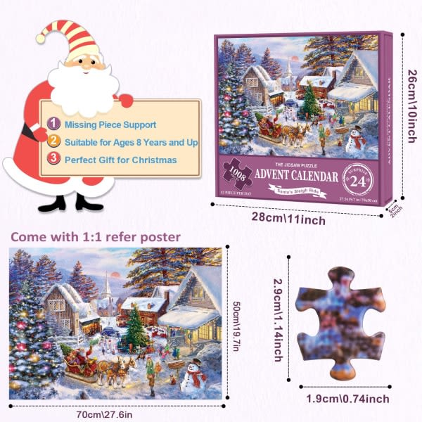 Adventskalender 2023-puslespil - julerensdyr， jule-familieferie-puslespil 1008 brikker, 24 kasser nedtællingspuslespil