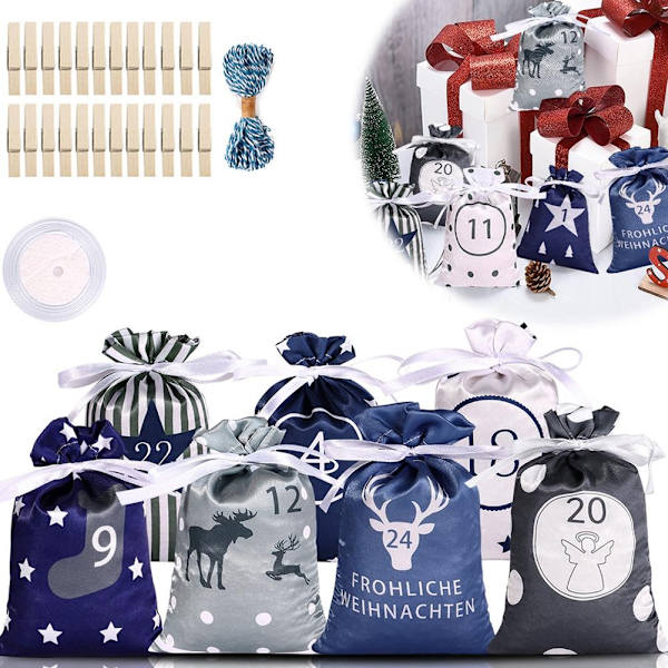 24 STK Jule-adventskalender Gaveposer Snørepose Fest D blue 24pcs